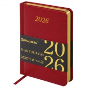 Ежедневник датированный 2026, МАЛЫЙ ФОРМАТ 100х150 мм, А6, BRAUBERG "Iguana", под кожу, красный, 117251