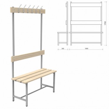 Скамья с вешалкой, спинкой "СВТ 4", 1765х1000х395 мм, 6 крючков, регулируемые опоры, каркас металлический серый, сиденье дерево
