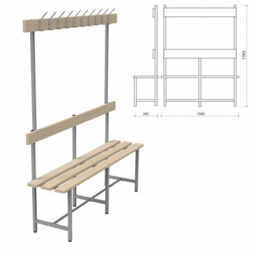 Скамья с вешалкой, спинкой "СВТ 5", 1765х1500х395 мм, 10 крючков, регулируемые опоры, каркас металлический серый, сиденье дерево