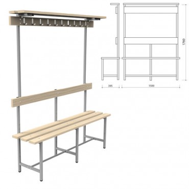 Скамья с вешалкой, спинкой и полкой "СВТ 8", 1760х1500х395 мм, 10 крючков, регулируемые опоры, каркас металлический серый, сиденье дерево