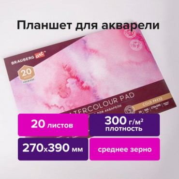 Папка для акварели/планшет, 300 г/м2, 270х390 мм, склейка, среднее зерно, 20 л., BRAUBERG ART PREMIERE, 113248