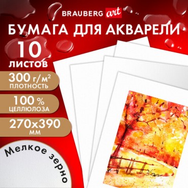 Бумага для акварели 300 г, 270x390 мм, мелкое зерно, 10 листов, BRAUBERG ART PREMIERE, 115334