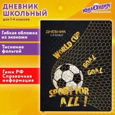 Дневник 1-4 класс 48 л., кожзам (гибкая), печать, фольга, ЮНЛАНДИЯ, "Football", 106159