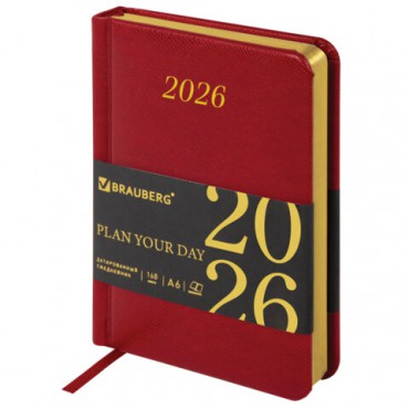 Ежедневник датированный 2026, МАЛЫЙ ФОРМАТ 100х150 мм, А6, BRAUBERG "Iguana", под кожу, красный, 117251